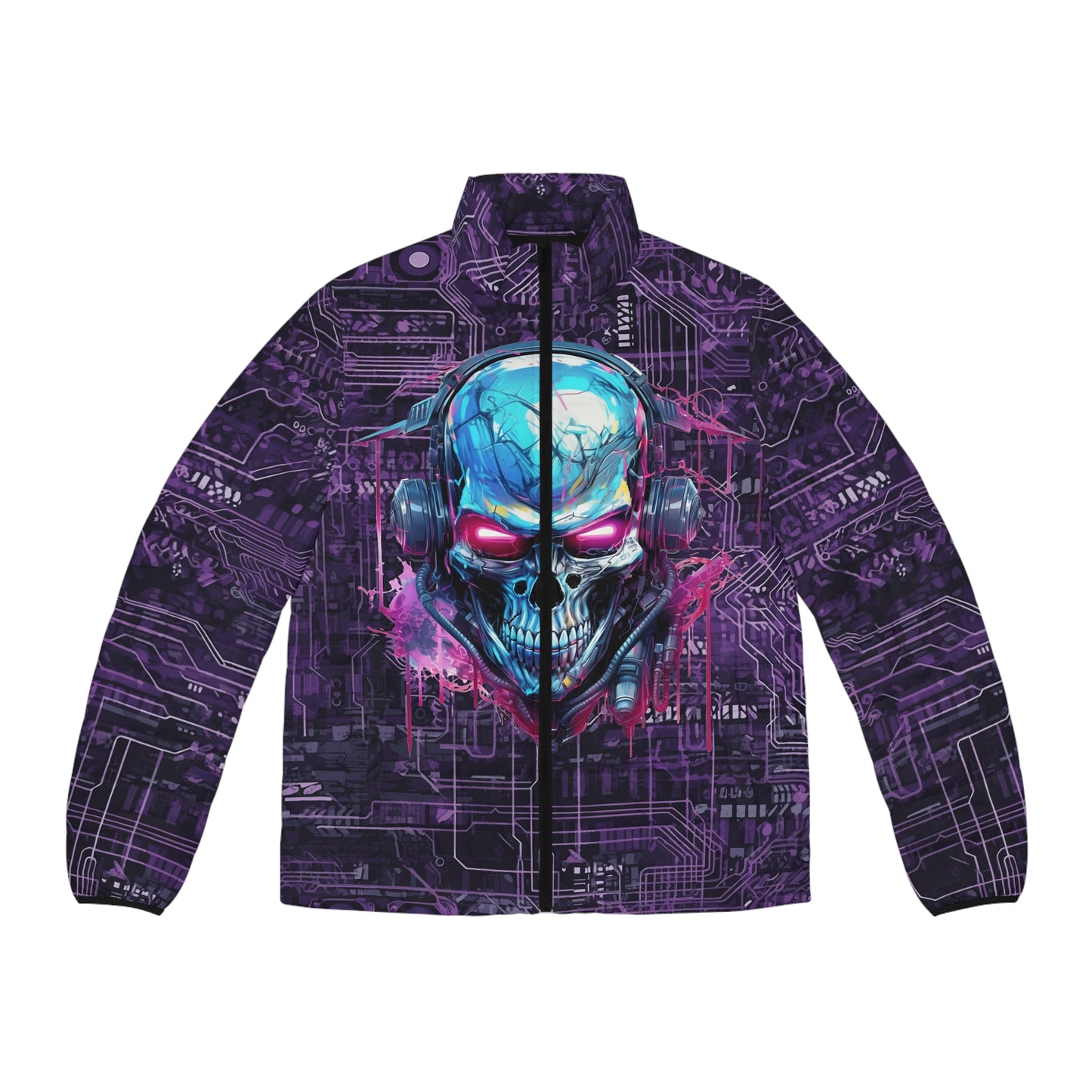 CyberPunk Cybernetic Skull breaking through a Purple Neon Circuit Board Men's Puffer Jacket (AOP)