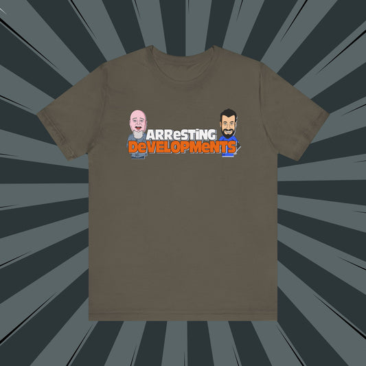 Arresting Developments Illustrated Tee – True Crime Podcast Shirt Featuring Mike Willever & Producer Joe