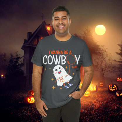 Little Ghost Saying I wanna be a cowboy baby Retro Groovy Western Halloween Unisex Jersey Short Sleeve Tee Gifts for Him Gifts for her.