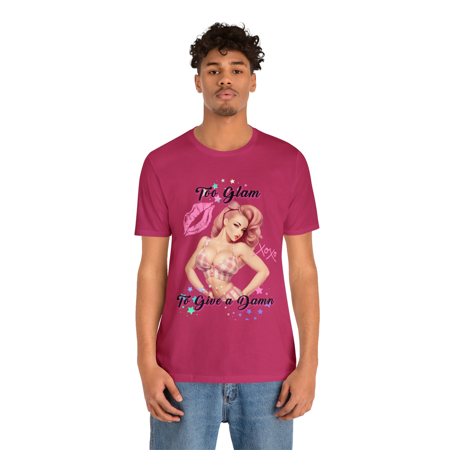 Vintage Pink Pinup Girl "Too Glam To Give a D*mn" on a Bella+Canva 3001 Unisex Jersey T-Shirt - A Must-Have Gift for her