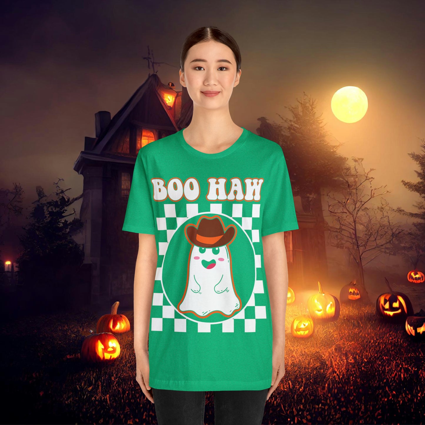 Cute Cowboy Ghost Saying Boo Haw Retro Groovy Western Halloween Unisex Jersey Short Sleeve Tee Gifts for Him Gifts For Her