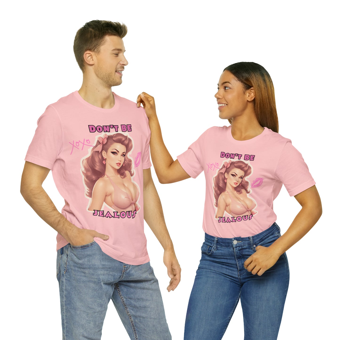 Timeless Elegance: Vintage Pink Pinup Girl "Don't Be Jealous" on a Bella+Canva 3001 Unisex Jersey T-Shirt - A Must-Have Gift for her