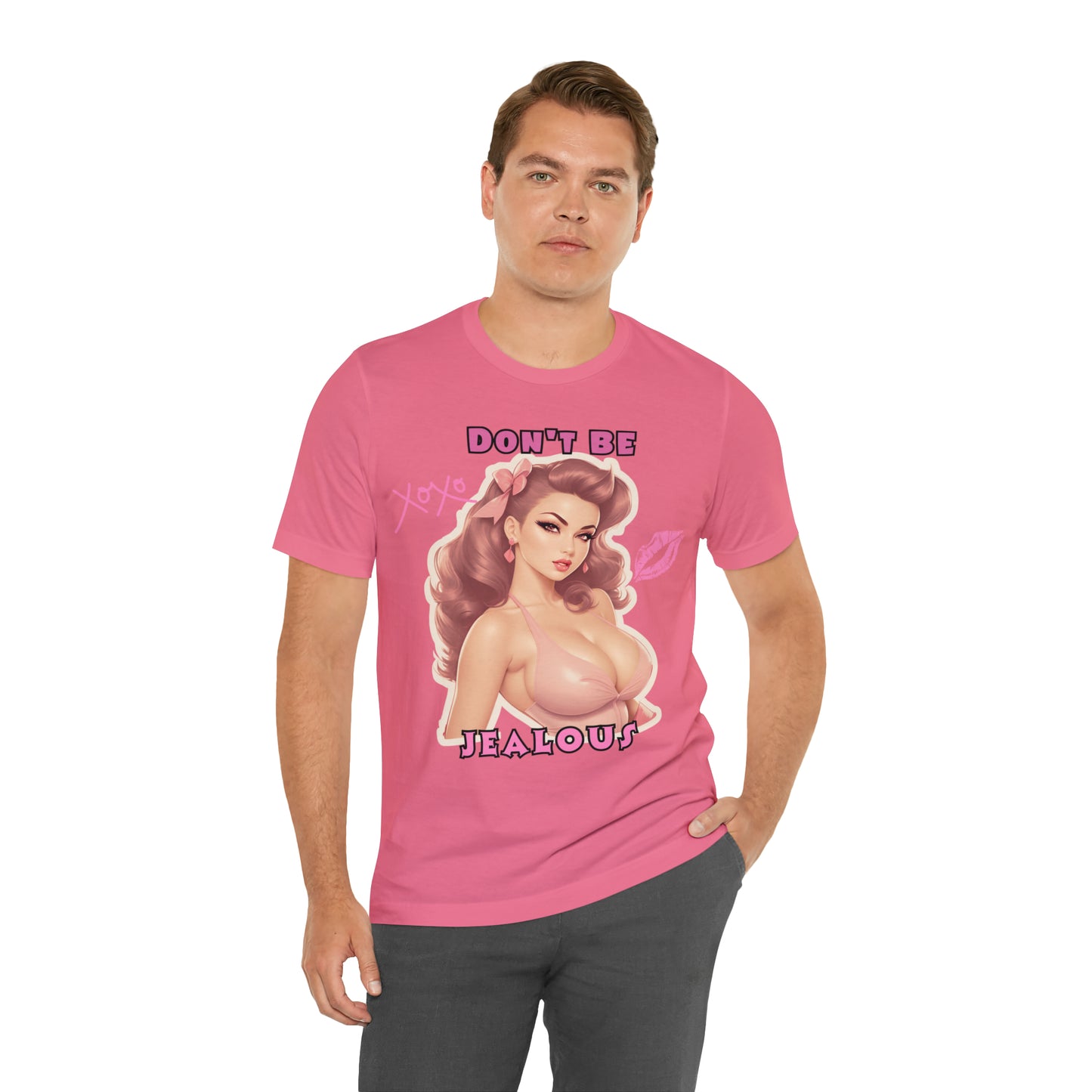 Timeless Elegance: Vintage Pink Pinup Girl "Don't Be Jealous" on a Bella+Canva 3001 Unisex Jersey T-Shirt - A Must-Have Gift for her