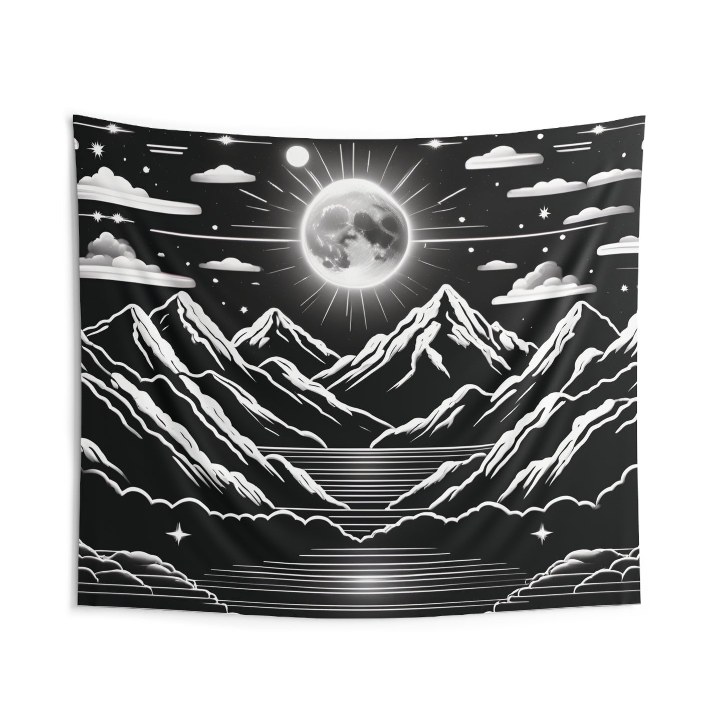 Mesmerizing Mountain Moonlight: Indoor Tapestry with Full Moon and Majestic Mountains