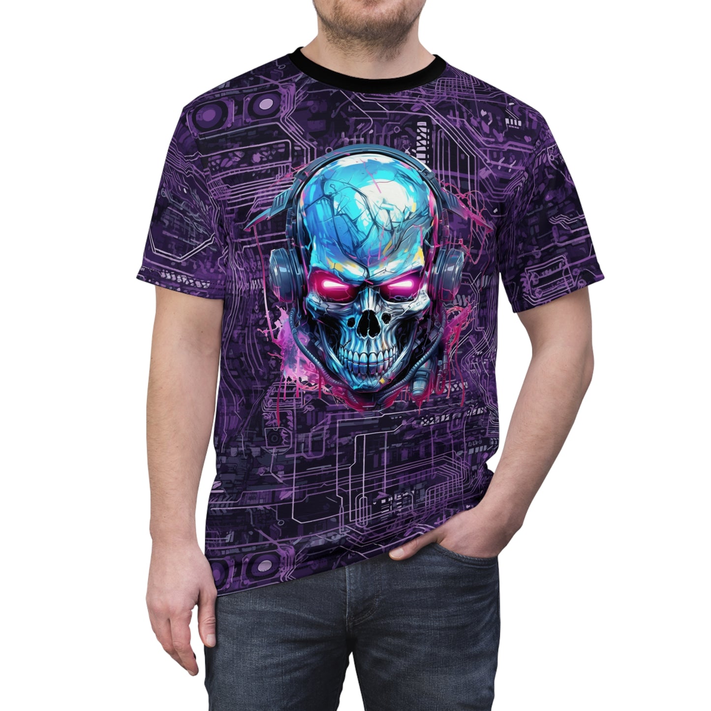 CyberPunk Cybernetic Skull breaking through a Purple Neon Circuit Board Unisex Cut & Sew Tee (AOP) Gifts for Her Gifts For Him