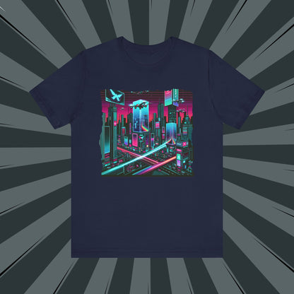 Neon Cityscape Tee, Retro Graphic T-Shirt, Unisex Casual Wear, Streetwear, Holiday Gift, Cyberpunk Style