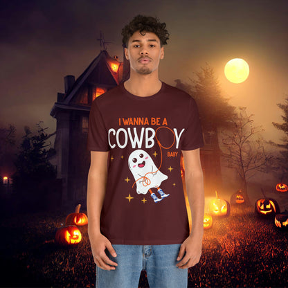 Little Ghost Saying I wanna be a cowboy baby Retro Groovy Western Halloween Unisex Jersey Short Sleeve Tee Gifts for Him Gifts for her.