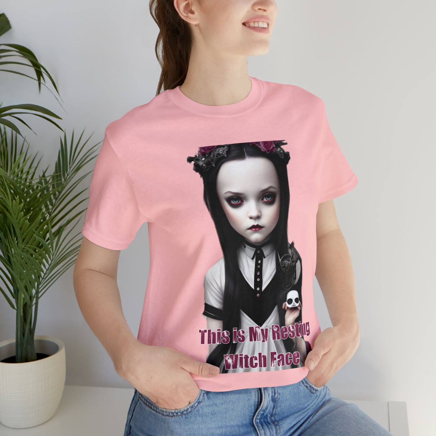 Wednesday Addams Chibi by Charlie Bowater This Is my Resting Witch Face Halloween Unisex Jersey Short Sleeve Tee