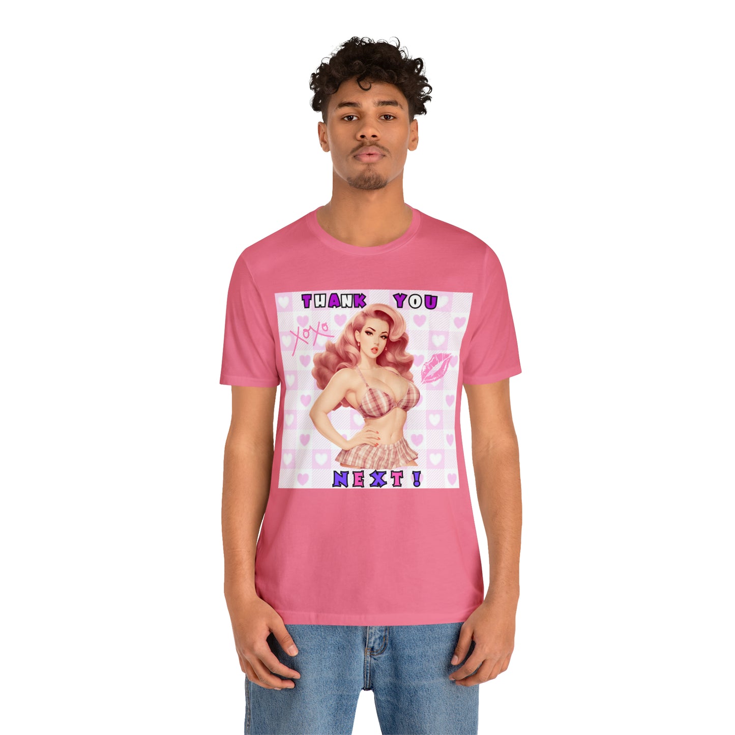 Timeless Elegance: Vintage Pink Pinup Girl "Thank You Next" on a Bella+Canva 3001 Unisex Jersey T-Shirt - A Must-Have Gift for her