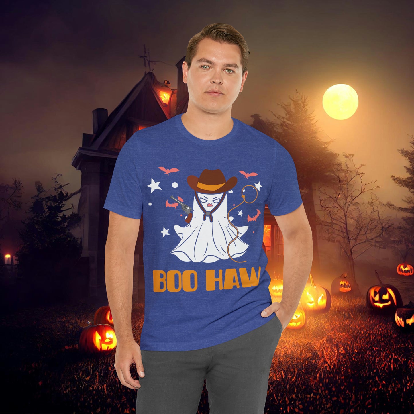 Ghost Cowboy Gunslinger saying Boo Haw Retro Western Halloween Unisex Jersey Short Sleeve Tee Gifts for Her Gifts for Him