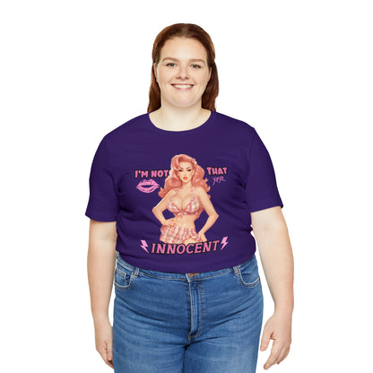 Timeless Elegance: Vintage Pink Pinup Girl "I'm not that Innocent on a Bella+Canva 3001 Unisex Jersey T-Shirt - A Must-Have Gift for her