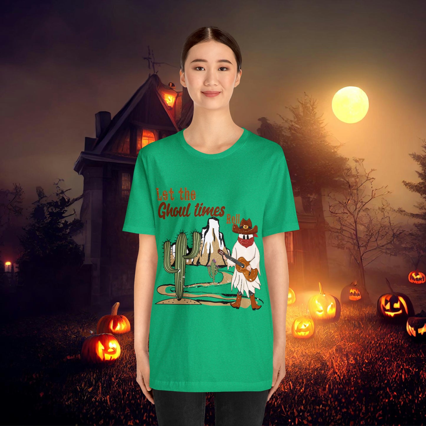 Cowboy Ghost playing the Guitar singing Let the Ghoul times roll Halloween Unisex Jersey Short Sleeve Tee Gifts for him Gifts for Her