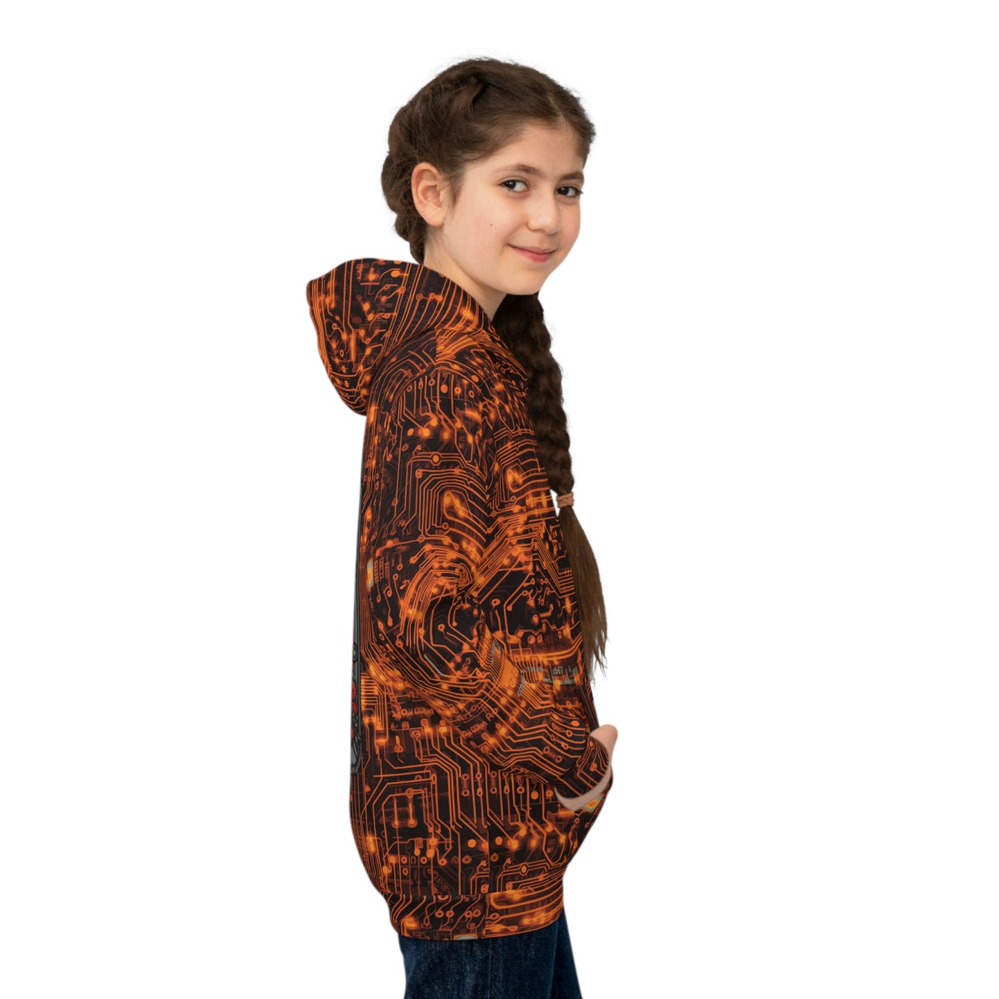 Tech Adventure Awaits: All Over Print Children's Hoodie with Orange Circuit Board and Robotic Bug Children's Hoodie (AOP)