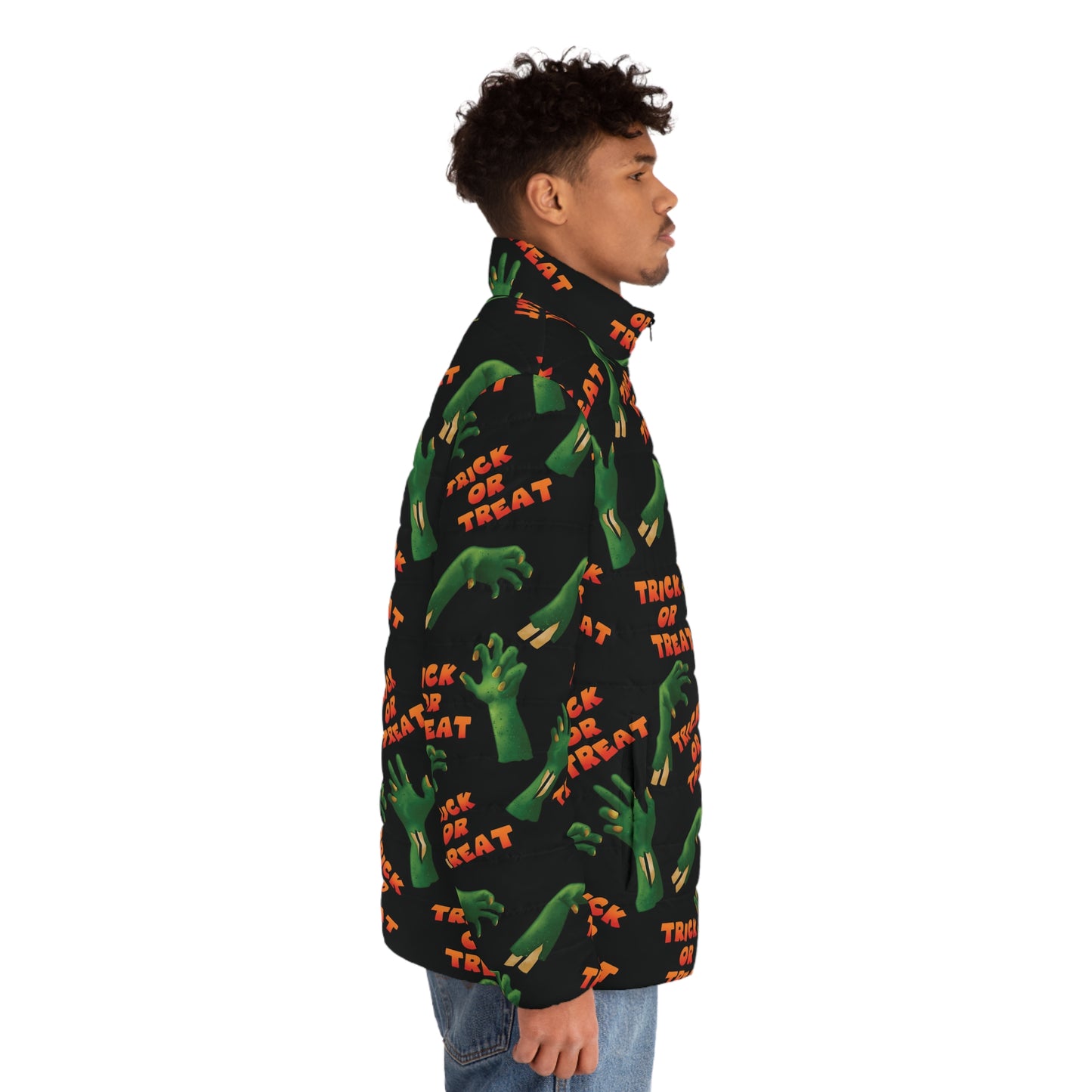 Trick or Treat Zombie hands Coming out of the Ground Halloween Men's Puffer Jacket (AOP)