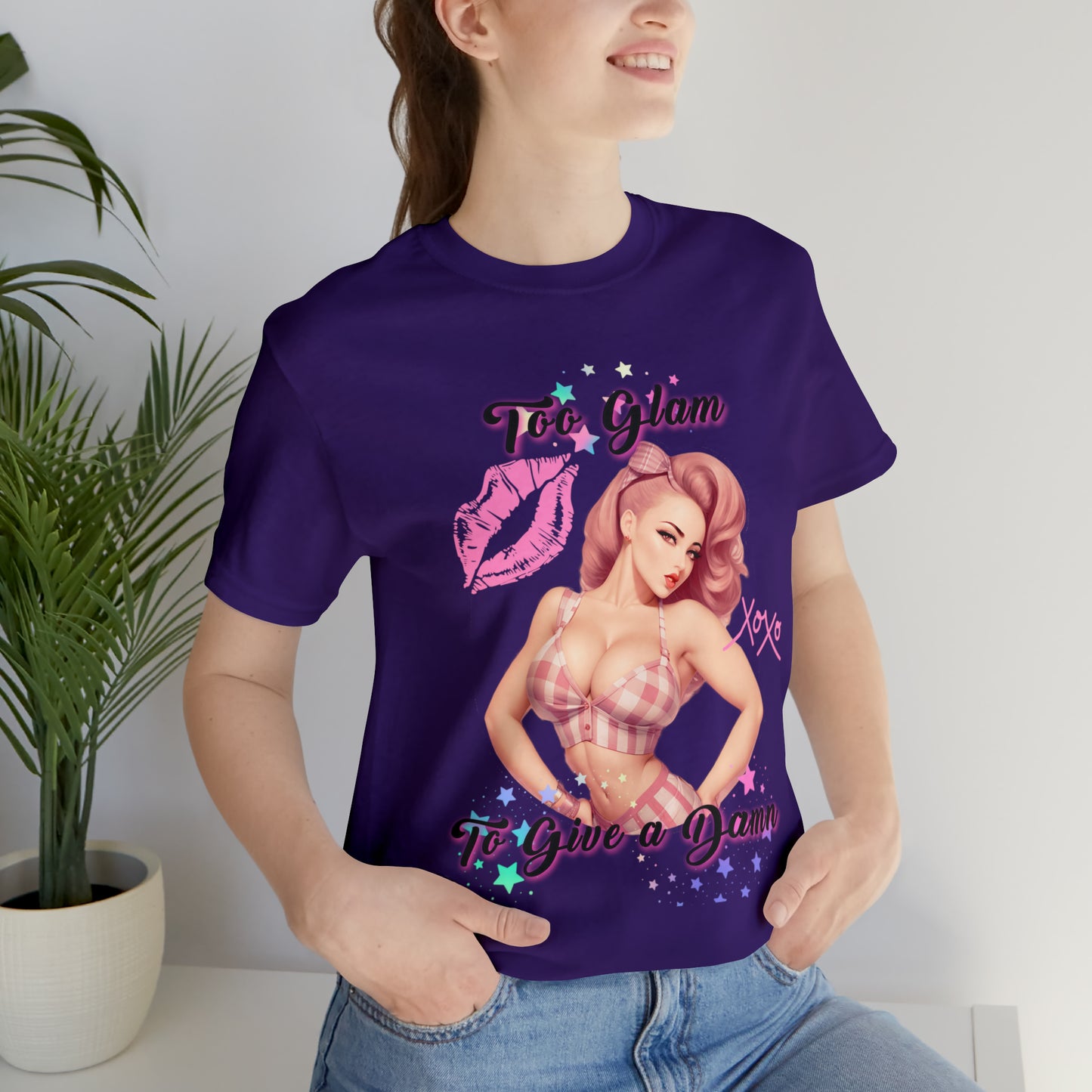 Vintage Pink Pinup Girl "Too Glam To Give a D*mn" on a Bella+Canva 3001 Unisex Jersey T-Shirt - A Must-Have Gift for her