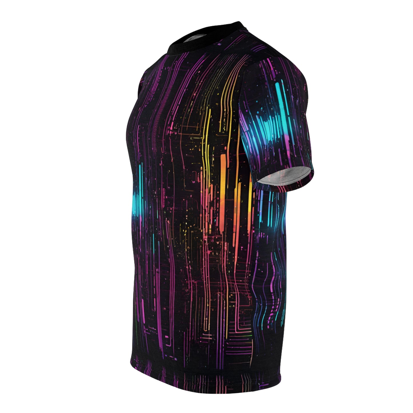 Unisex Cut & Sew Tee (AOP) - Futuristic Neon Lights on Circuit Board Cyberpunk