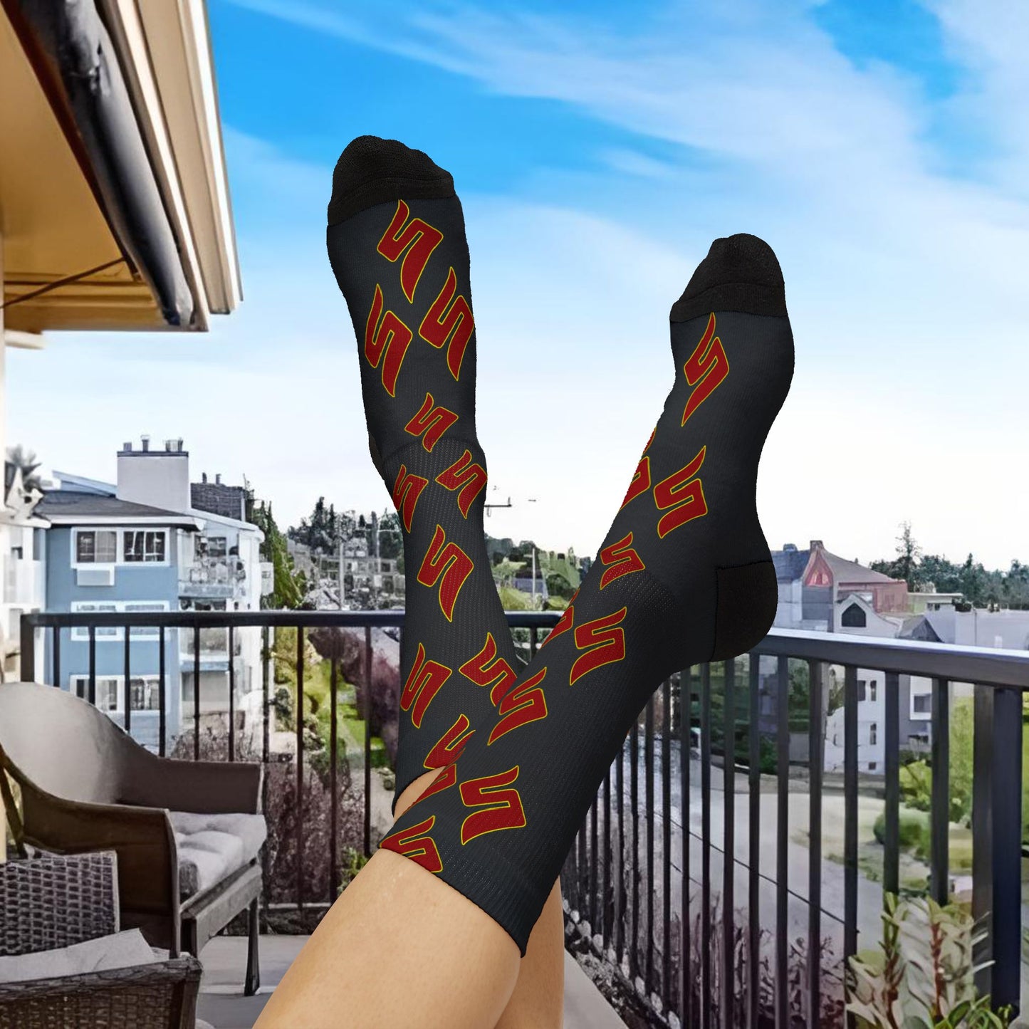 Shuli Network “S” Socks— Bold All-Over Print Crew Socks