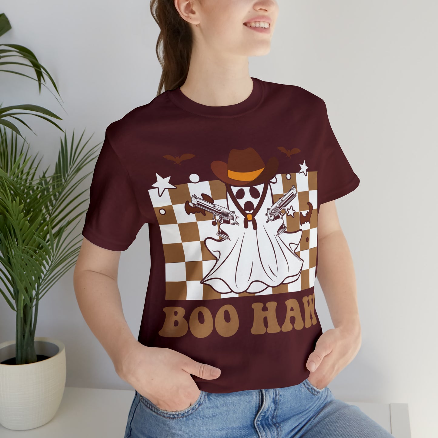 Cowboy Gunslinging Ghost saying Boo Haw Retro Western Halloween Unisex Jersey Short Sleeve Tee Gifts for Him Gifts for Her