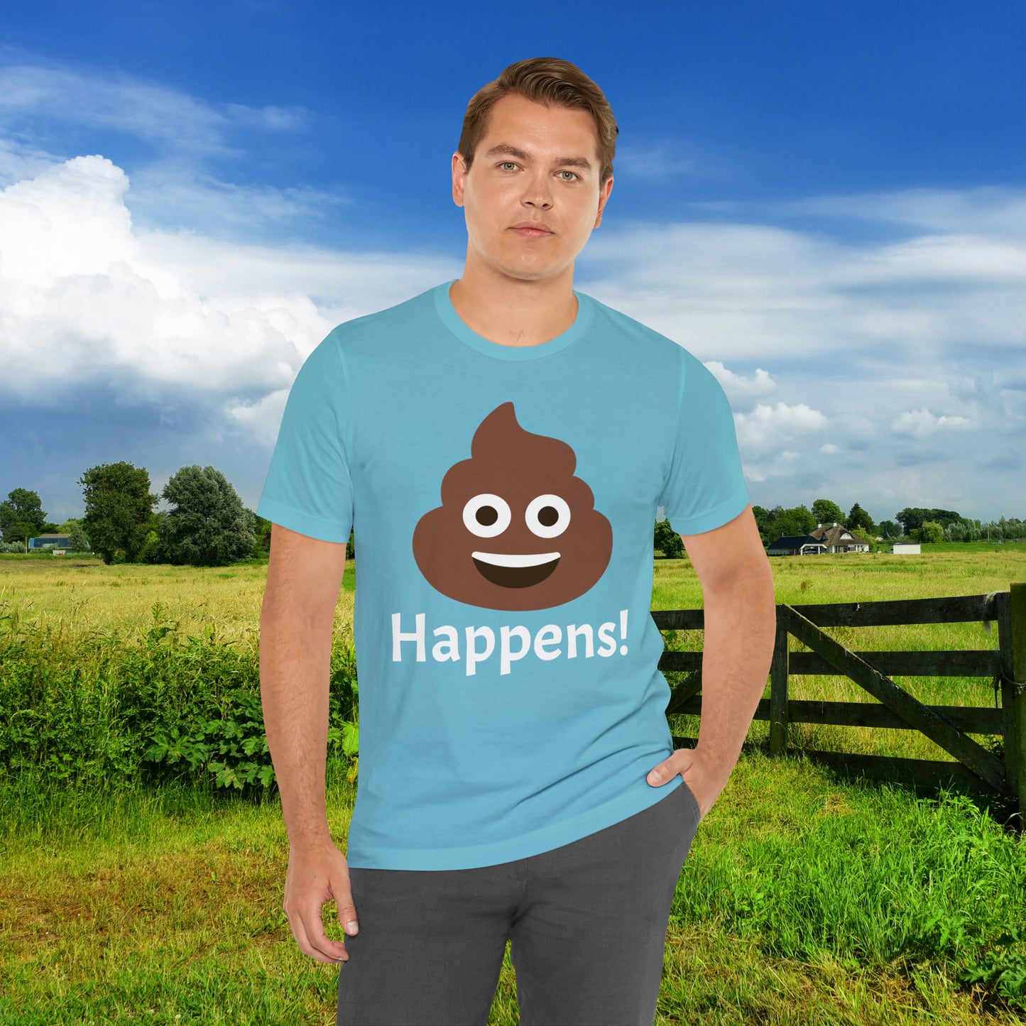 Embrace the Inevitable: 'Happens' Poop Emoji Unisex Jersey T-Shirt