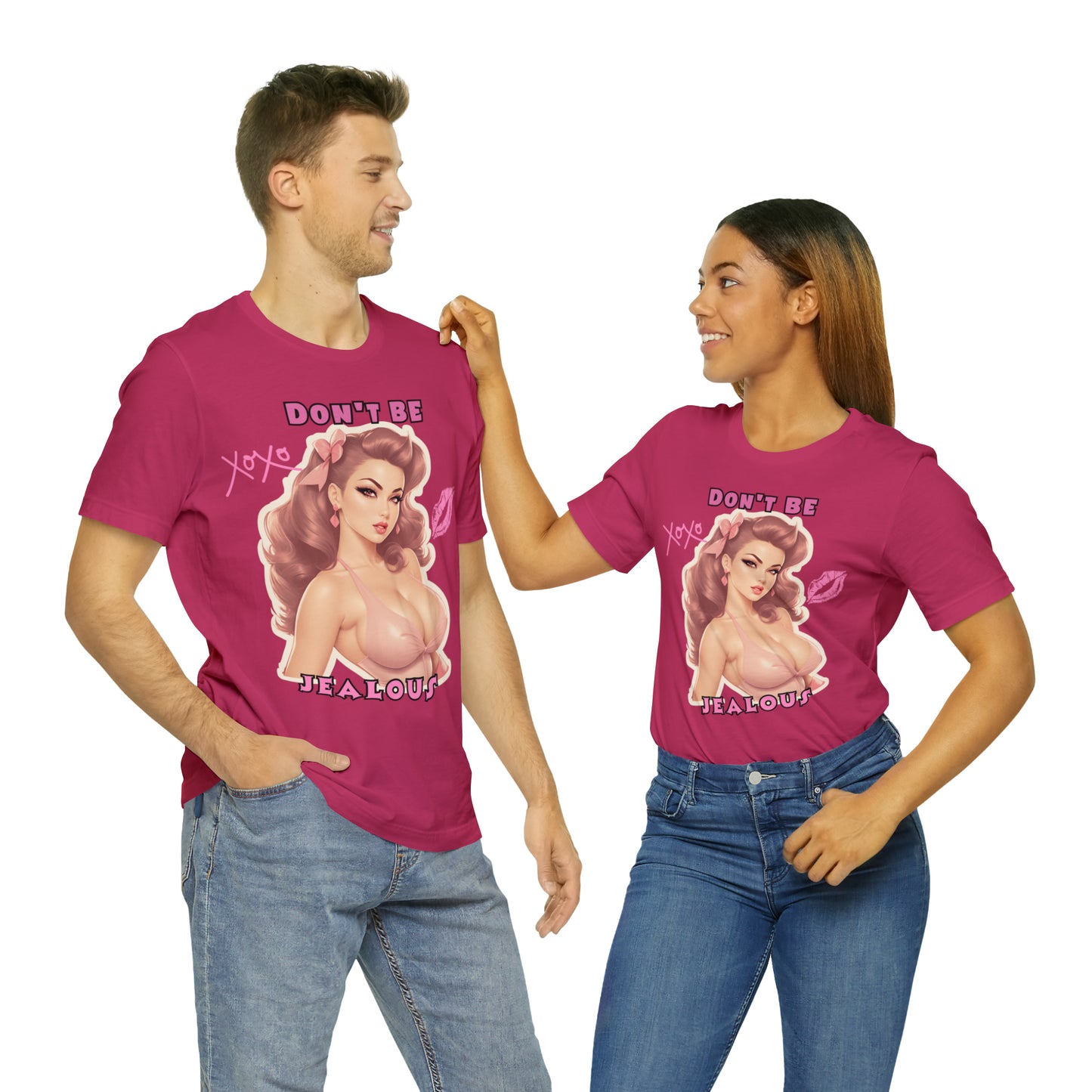 Timeless Elegance: Vintage Pink Pinup Girl "Don't Be Jealous" on a Bella+Canva 3001 Unisex Jersey T-Shirt - A Must-Have Gift for her