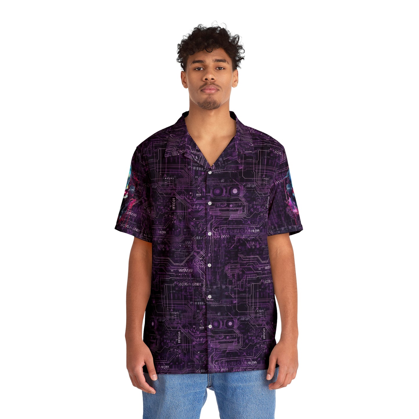 CyberPunk Cybernetic Skull breaking through a Purple Neon Circuit Board Men's Hawaiian Shirt (AOP)