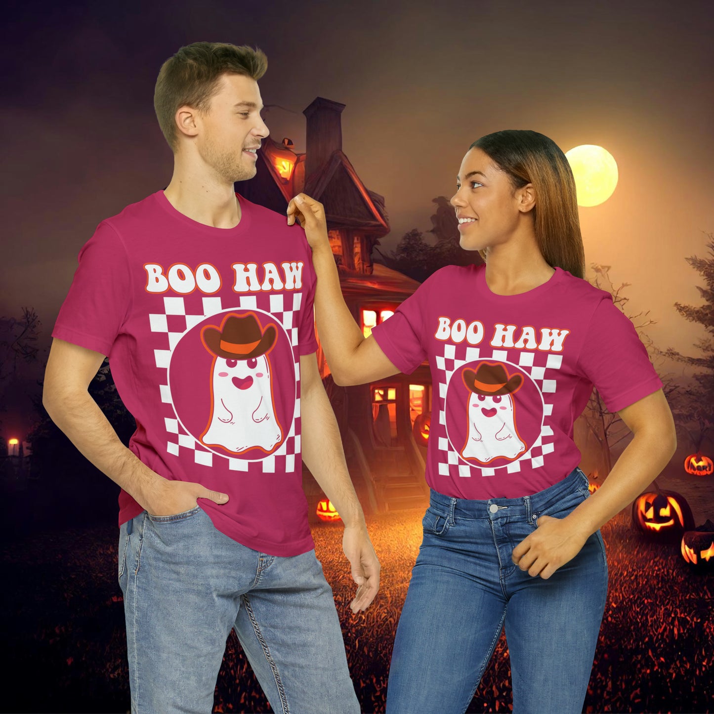 Cute Cowboy Ghost Saying Boo Haw Retro Groovy Western Halloween Unisex Jersey Short Sleeve Tee Gifts for Him Gifts For Her