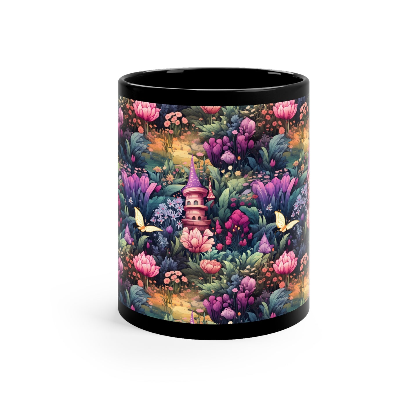 Fairy Garden With Pink & Purple Flowers in the Enchanted Forest Mug - Bringing Magic to Your Morning Brew" 11oz Black Mug Fairycore