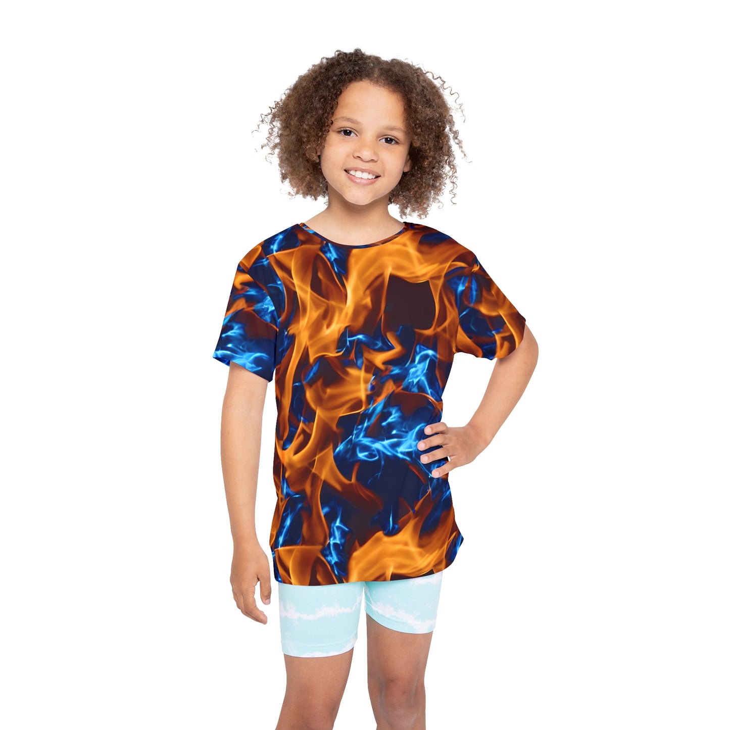 Blaze a Trail: All Over Print Kid Sport Jersey with Blue and Orange Flames