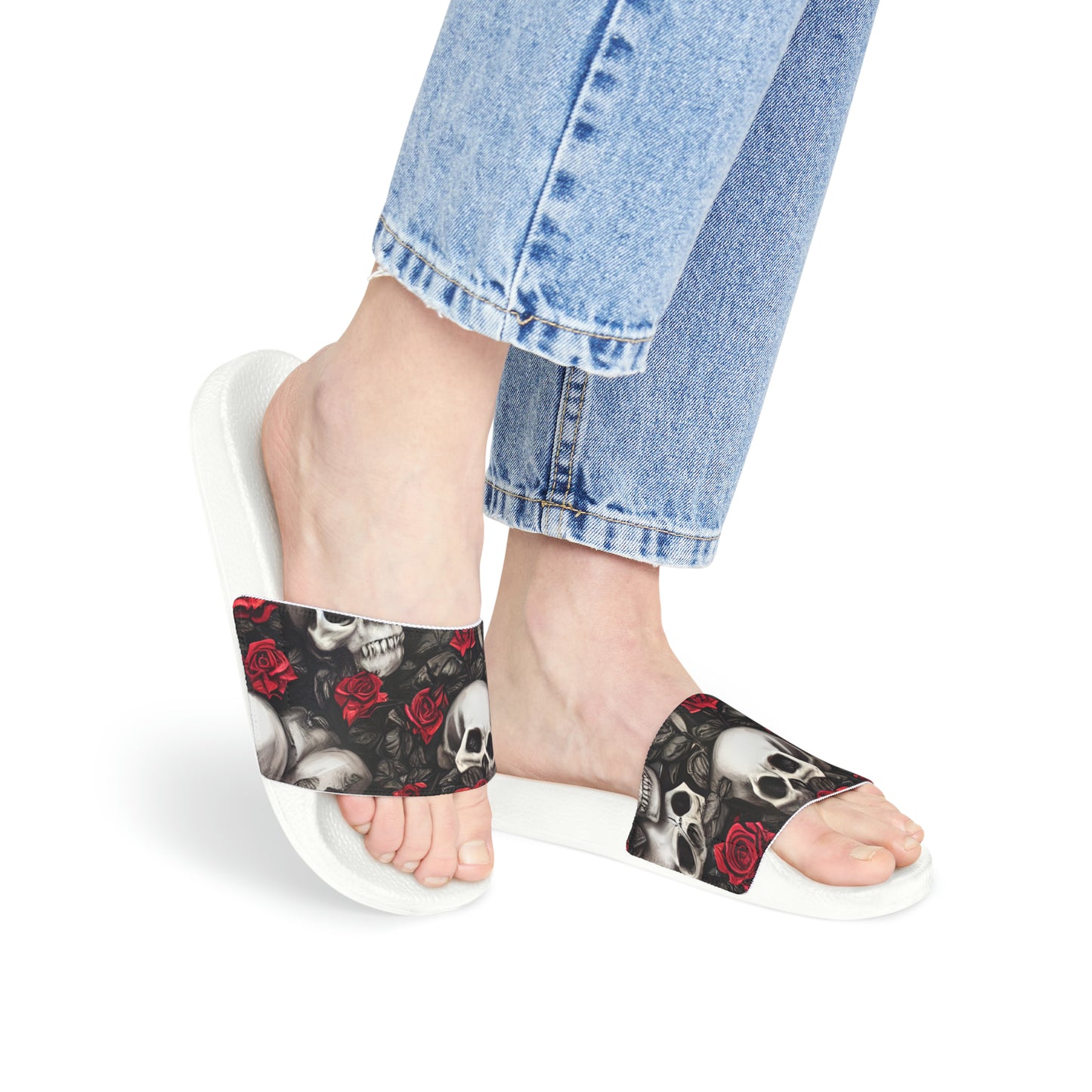 Hyper Realistic Skulls and Red Roses by artist Anne-Laure Goupil Women's PU Slide Sandals