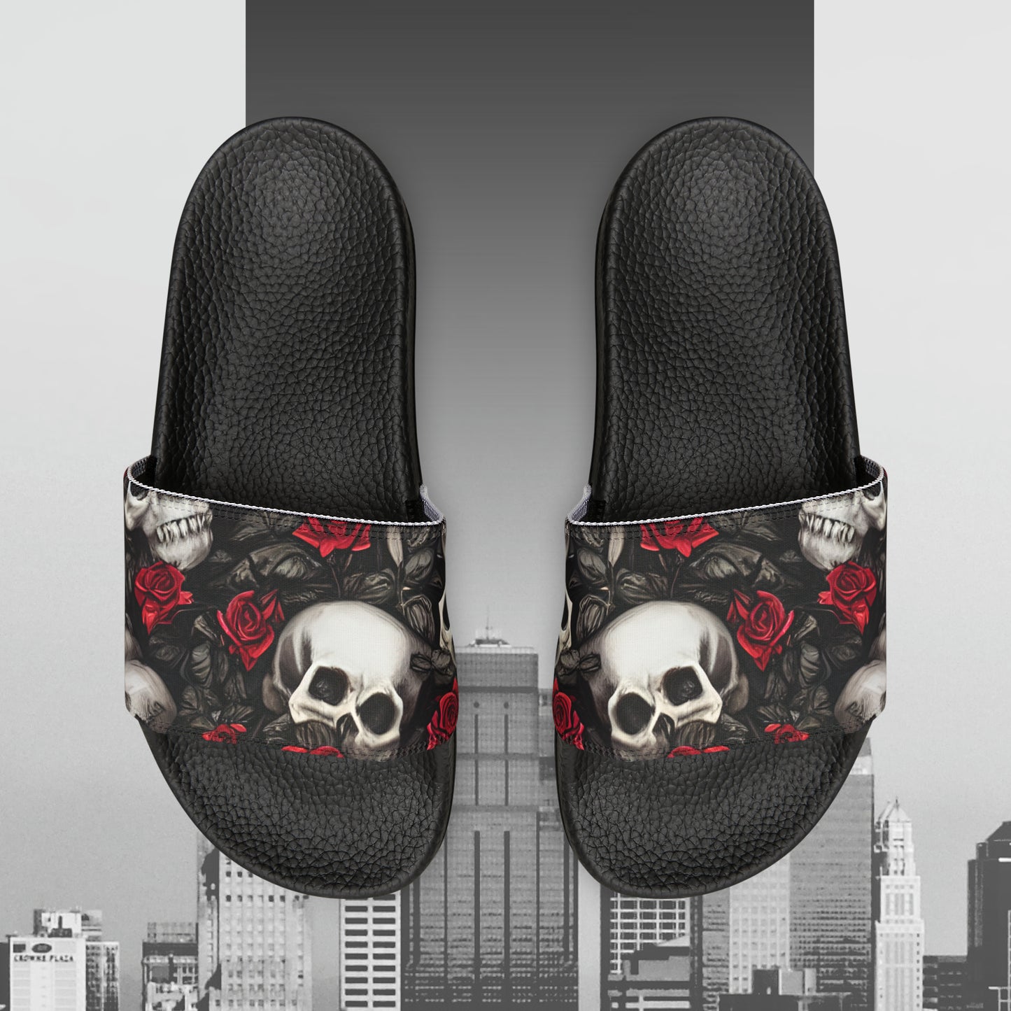 Hyper Realistic Skulls and Red Roses by artist Anne-Laure Goupil Women's PU Slide Sandals