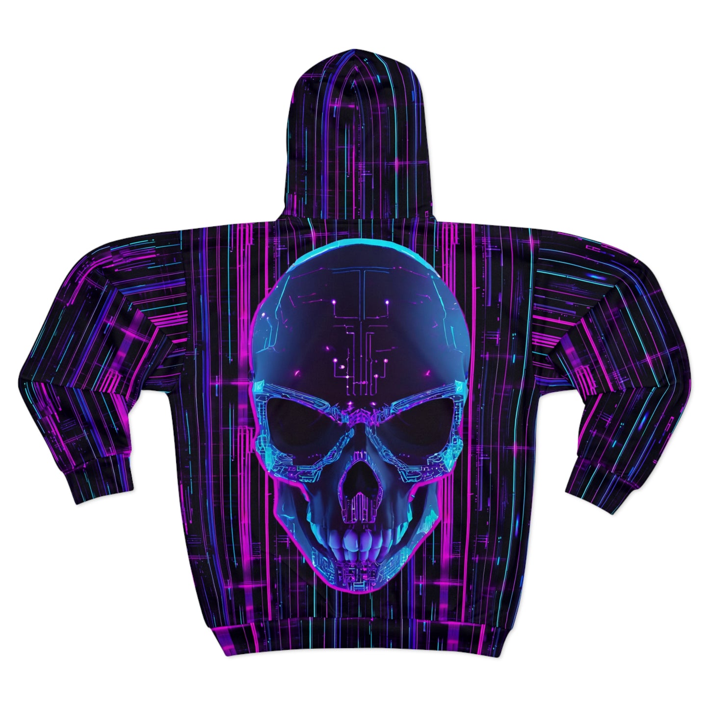 Cyberpunk Future Unisex (AOP) Zip Hoodie - Neon Lights, 3D Circuit Board, Blue Cyborg Skull