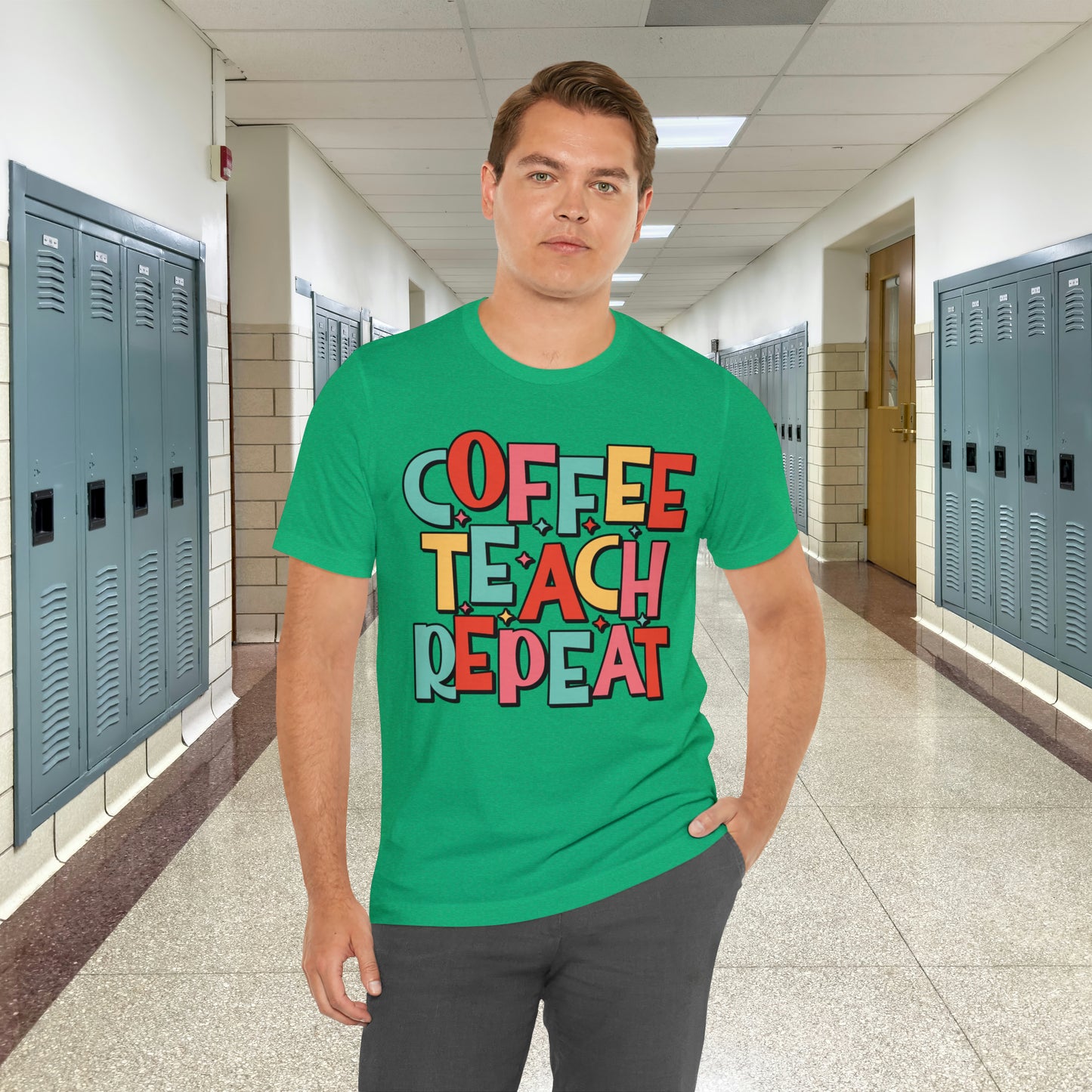 Coffee Teach Repeat Unisex Jersey Short Sleeve Tee