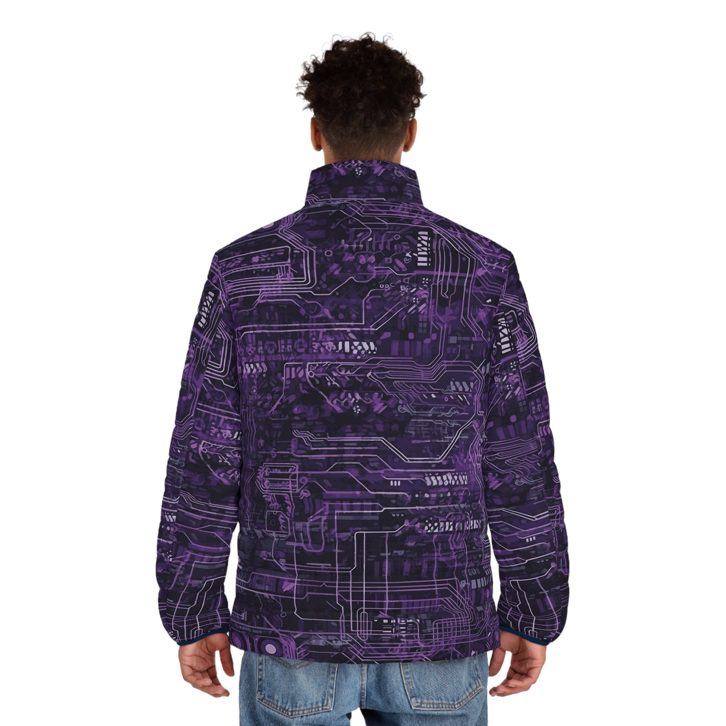 CyberPunk Cybernetic Skull breaking through a Purple Neon Circuit Board Men's Puffer Jacket (AOP)