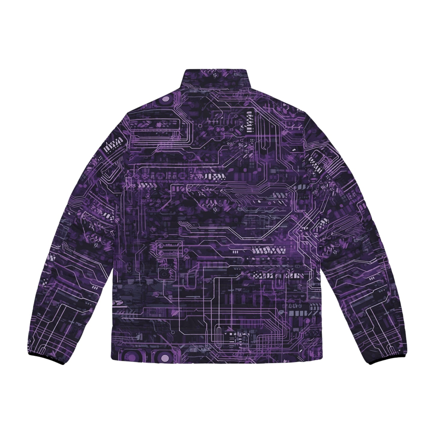 CyberPunk Cybernetic Skull breaking through a Purple Neon Circuit Board Men's Puffer Jacket (AOP)