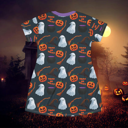 Halloween Trick or Treat Ghosts Witch Hats Jack o Lanterns T-Shirt Dress (AOP)