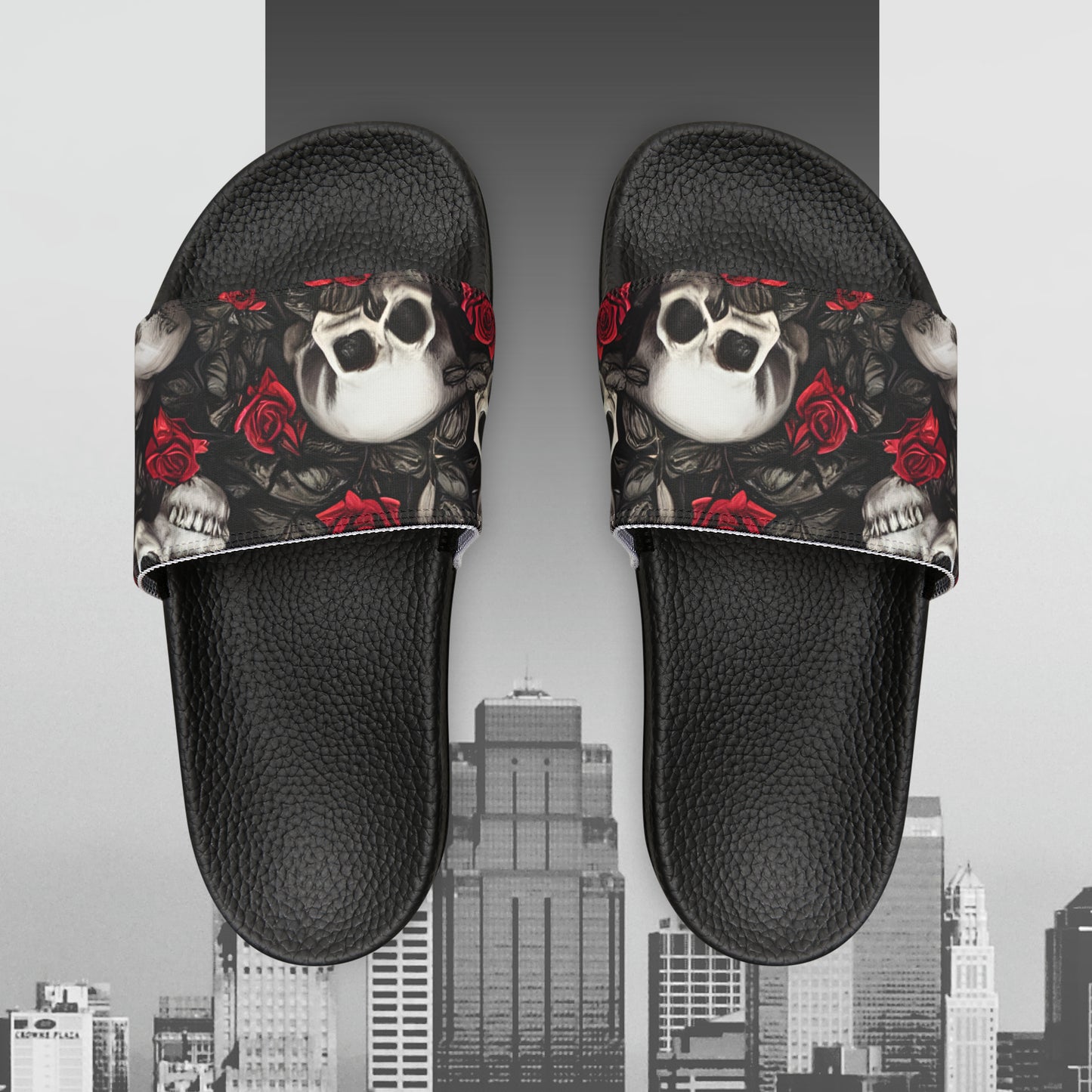 Hyper Realistic Skulls and Red Roses by artist Anne-Laure Goupil Women's PU Slide Sandals