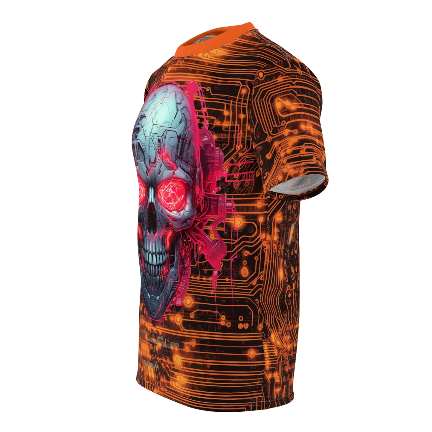 CyberPunk Cybernetic Skull breaking through a Orange Neon Circuit Board Unisex Cut & Sew Tee (AOP) Gifts for her Gifts for Him