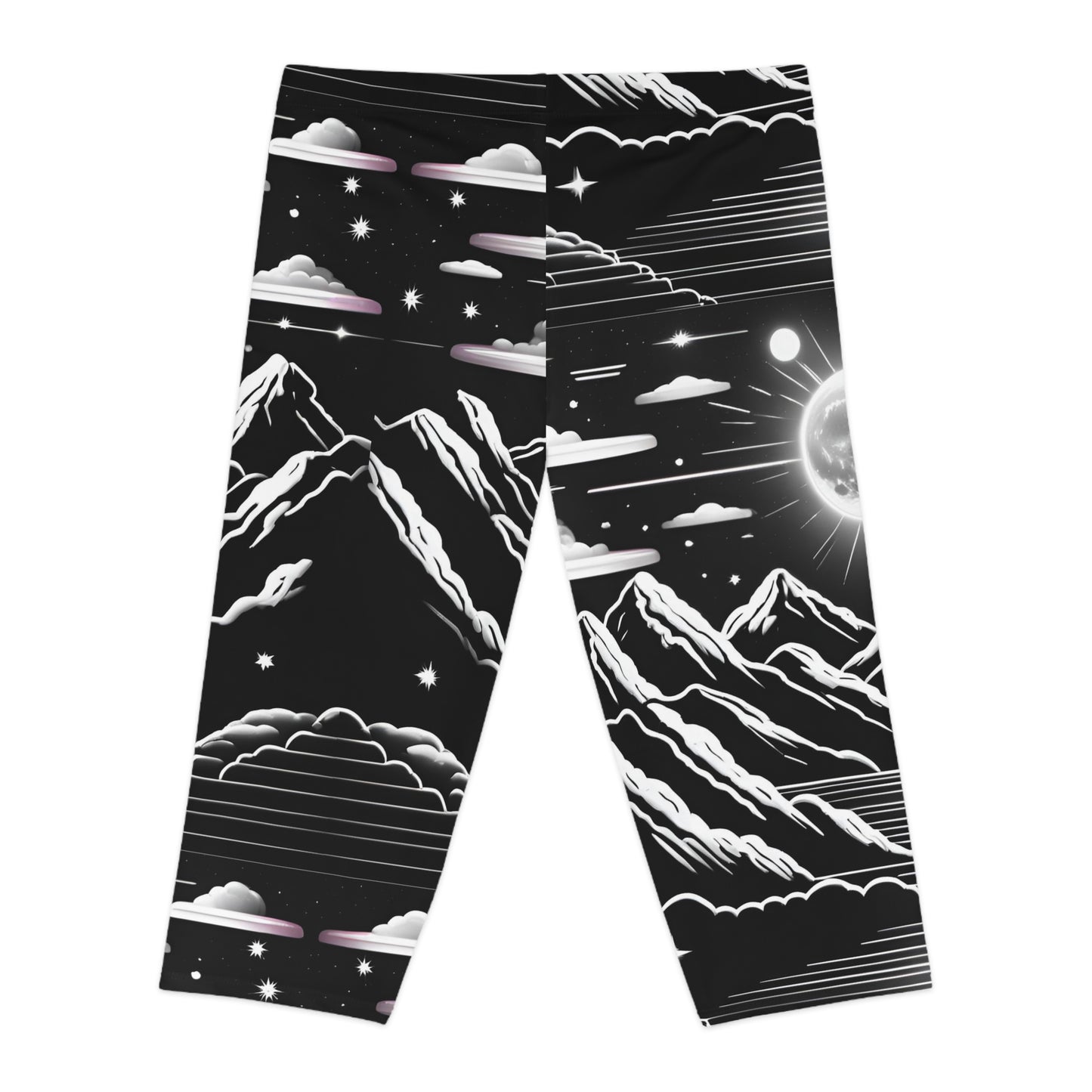 Women's Capri Leggings with Night Sky Silhouette and Moon Over Water - AOP Fitness & Yoga Leggings