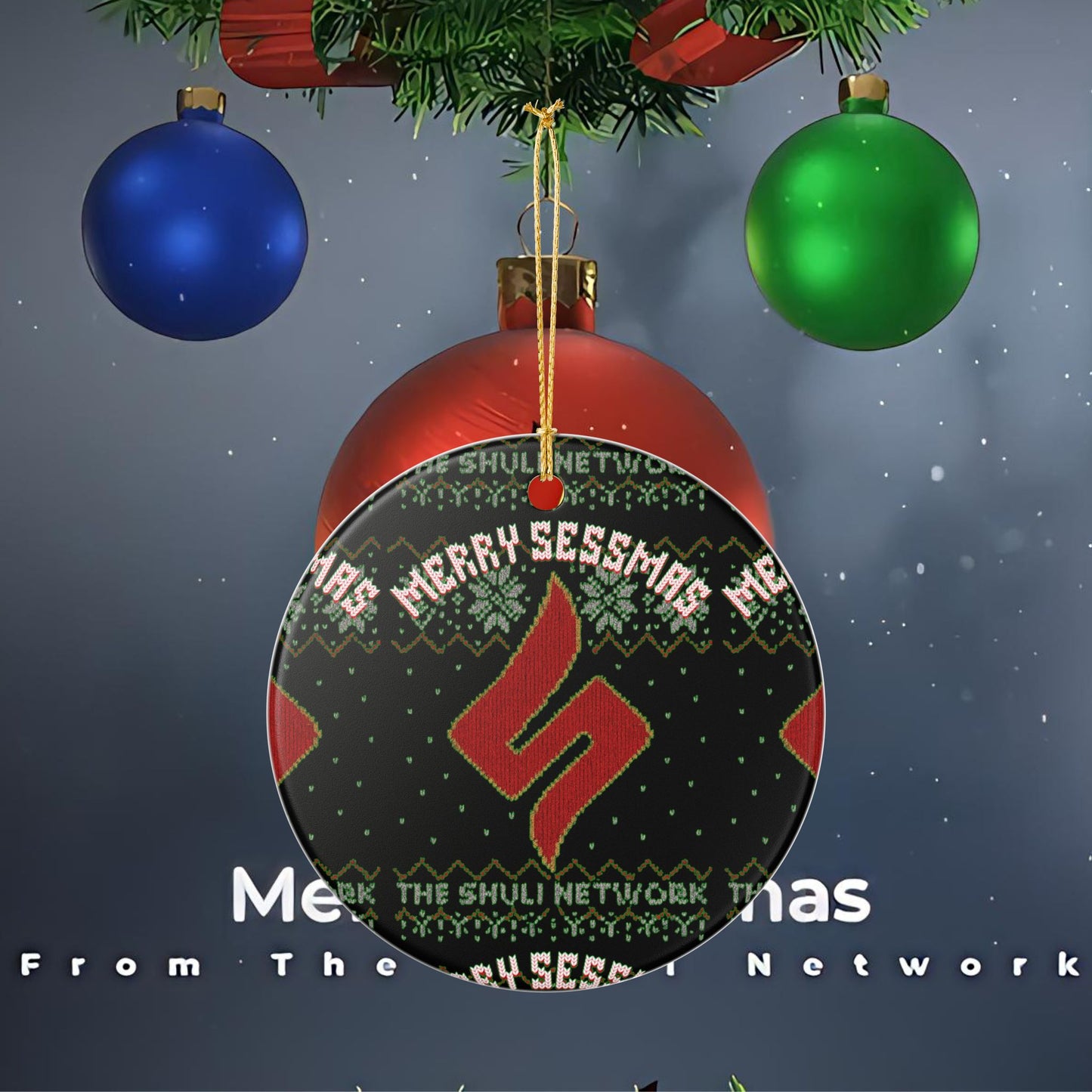 Ceramic Ornament — 'Merry Sessmas' Holiday Tree Decoration (Shuli Network Knit Design)