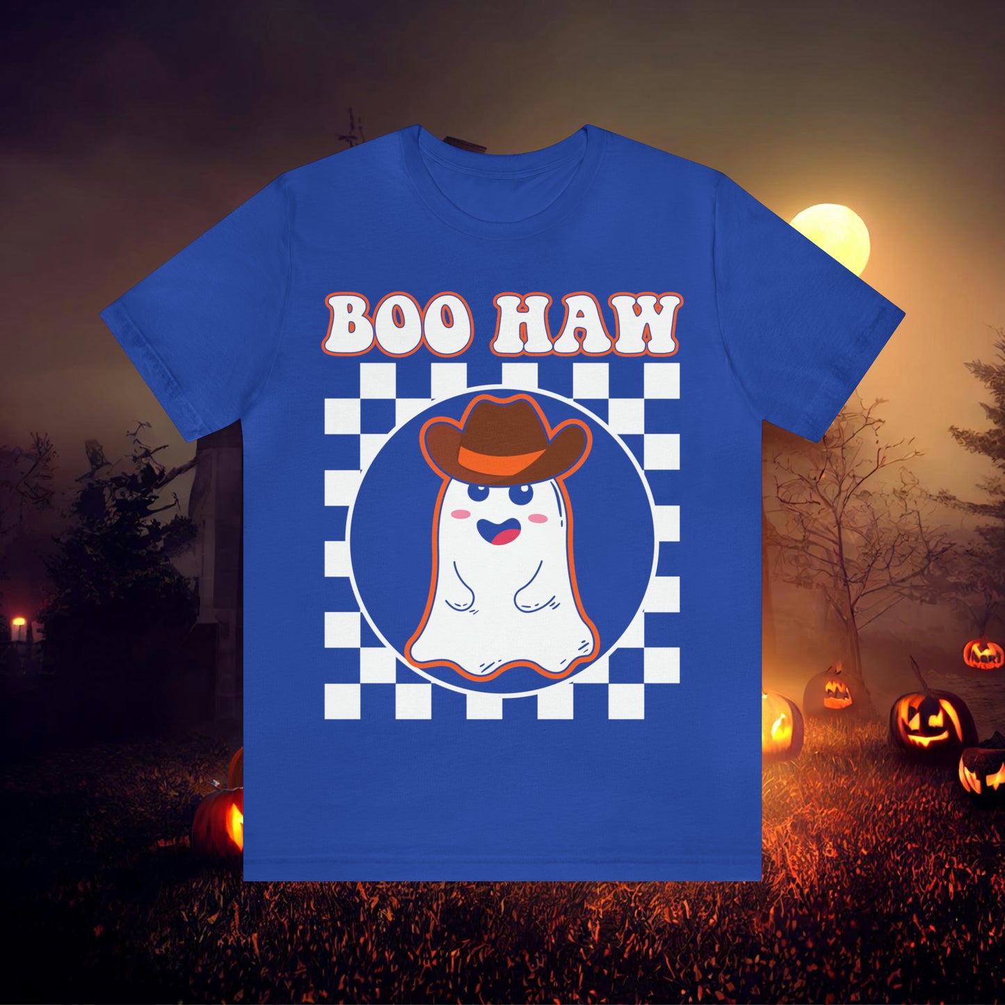 Cute Cowboy Ghost Saying Boo Haw Retro Groovy Western Halloween Unisex Jersey Short Sleeve Tee Gifts for Him Gifts For Her