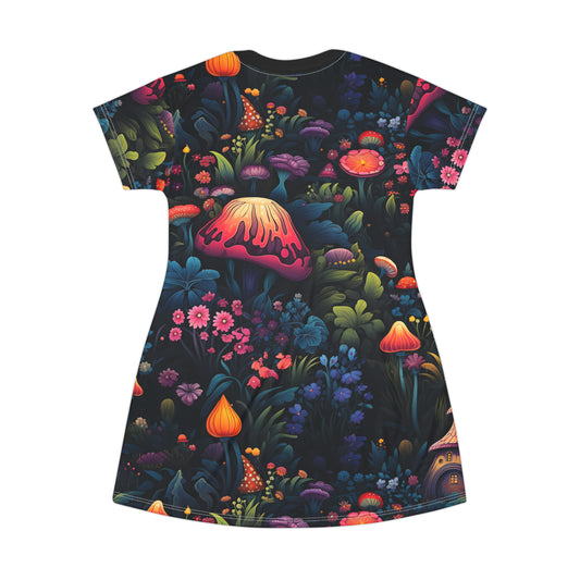 Fairy Tale Magical Forest With Colorful Mushrooms T-Shirt Dress (AOP)