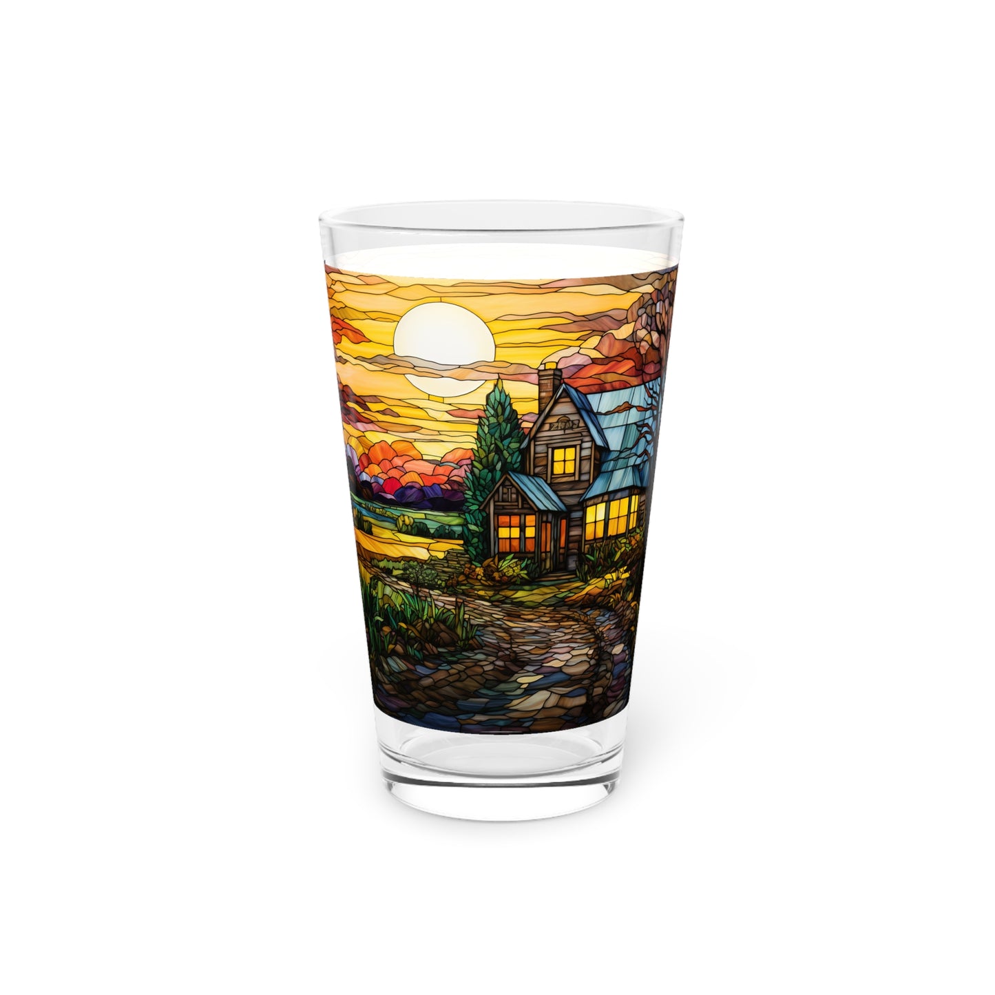 Rural Serenity: a charming farmhouse, near a cobblestone path 16oz Pint Glass Gift idea gifts for home decor housewarming gift