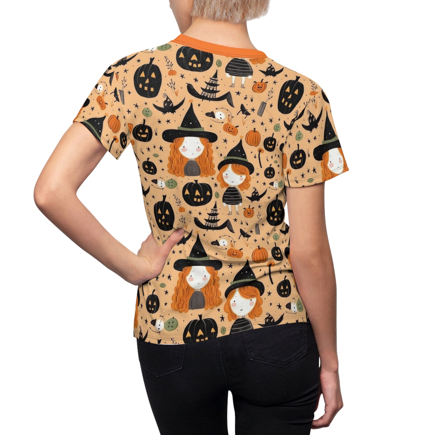 Halloween Trick or Treat Ghosts Witch Hats Jack o Lanterns Women's Cut & Sew Tee (AOP)