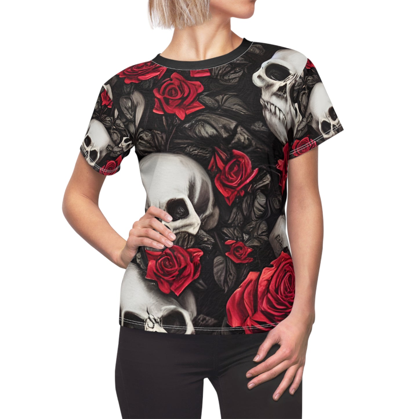 Hyper Realistic Skulls and Red Roses by artist Anne-Laure Goupil Women's Cut & Sew Tee (AOP)