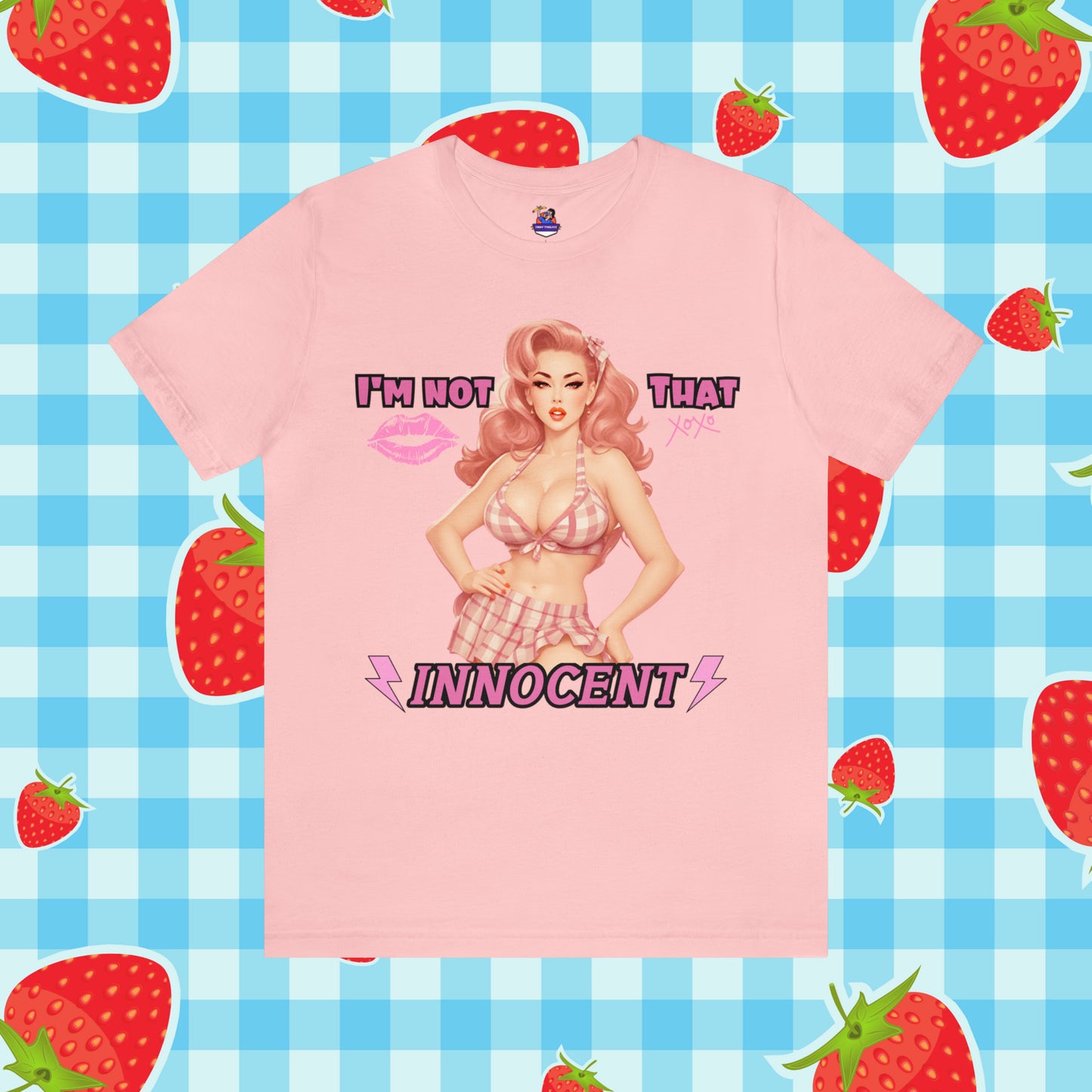 Sarcastic Vintage Pink Pinup Girl "I'm not That Innocent" on a Bella+Canva 3001 Unisex Jersey T-Shirt - A Must-Have Gift for her