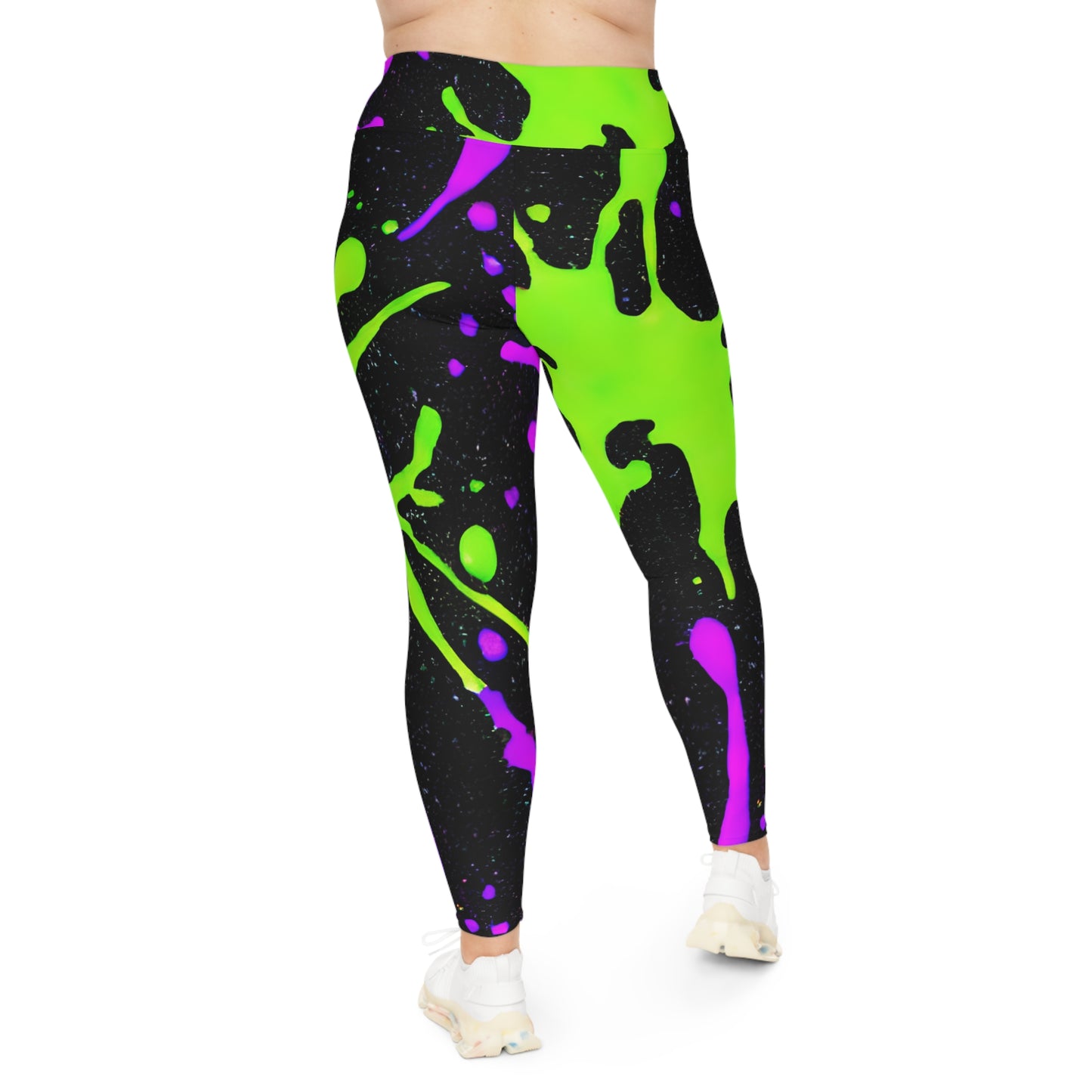 Plus Size Leggings with Green and Pink Paint Splatters (AOP) - Stylish Comfort for Every Curve