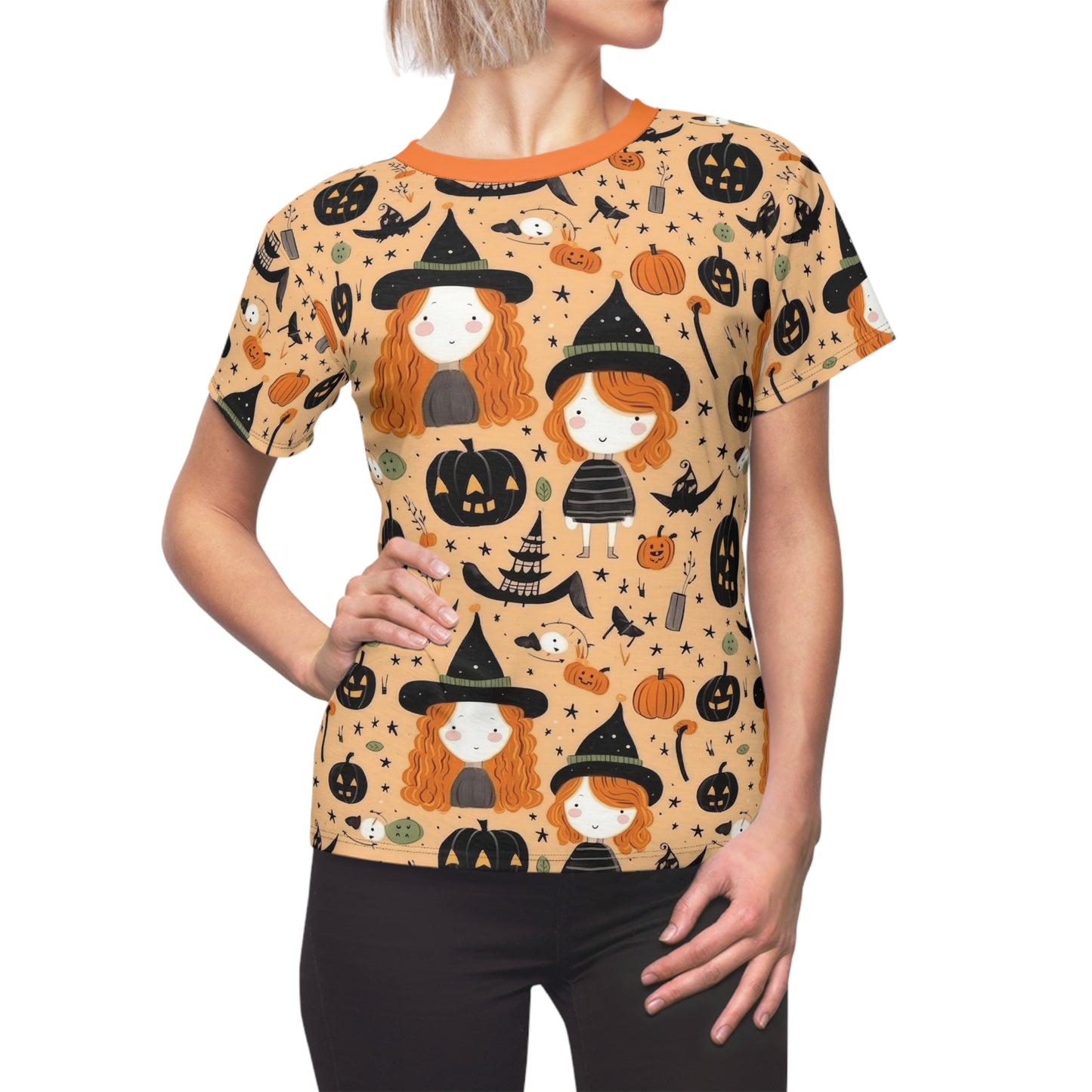 Halloween Trick or Treat Ghosts Witch Hats Jack o Lanterns Women's Cut & Sew Tee (AOP)