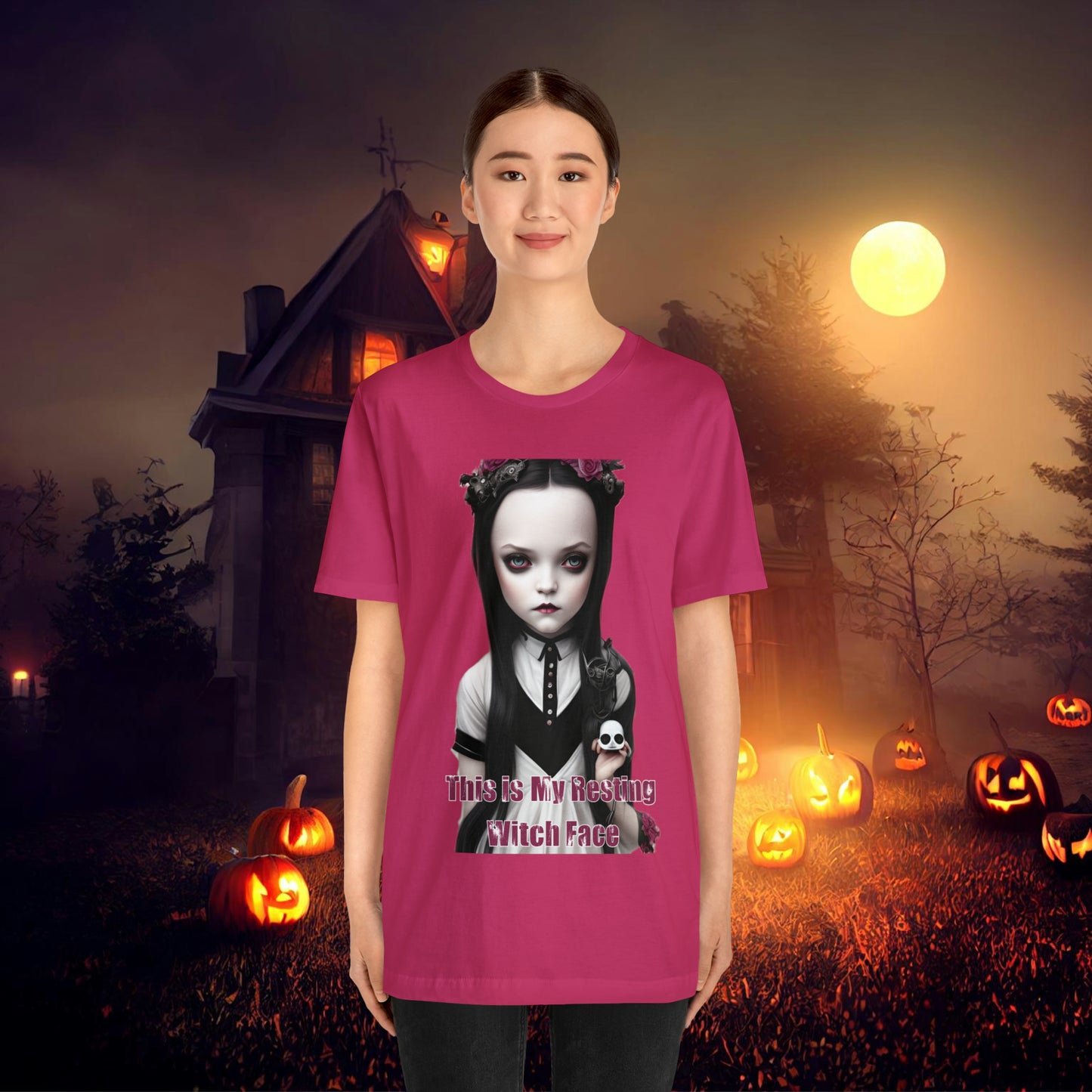 Wednesday Addams Chibi by Charlie Bowater This Is my Resting Witch Face Halloween Unisex Jersey Short Sleeve Tee