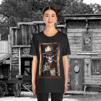 Spooky Saloon Showdown Gunslinging Skeleton Cowboy Halloween Unisex Jersey Short Sleeve Tee