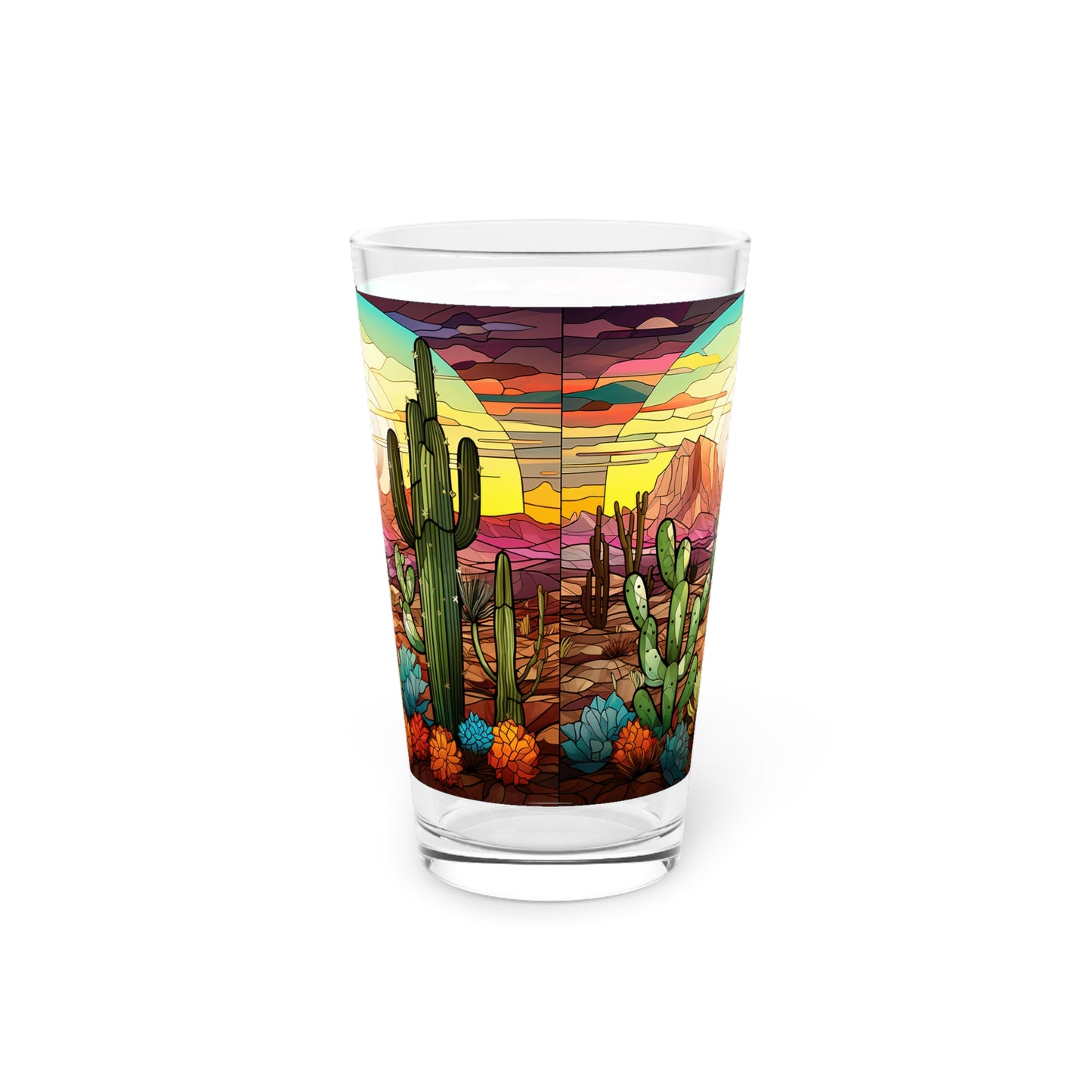 Desert Cactus Bloom: A Stained Glass Tribute to Cacti 16oz Pint Glass Gift idea gifts for home decor housewarming gift